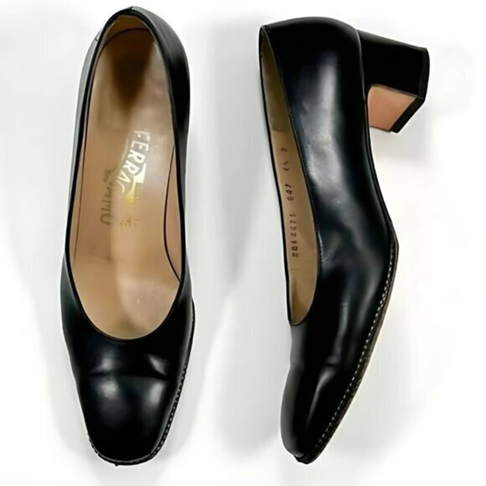 Salvatore Ferragamo Size (10) Ten Women's Heels Slip-On Black Leather Shoes